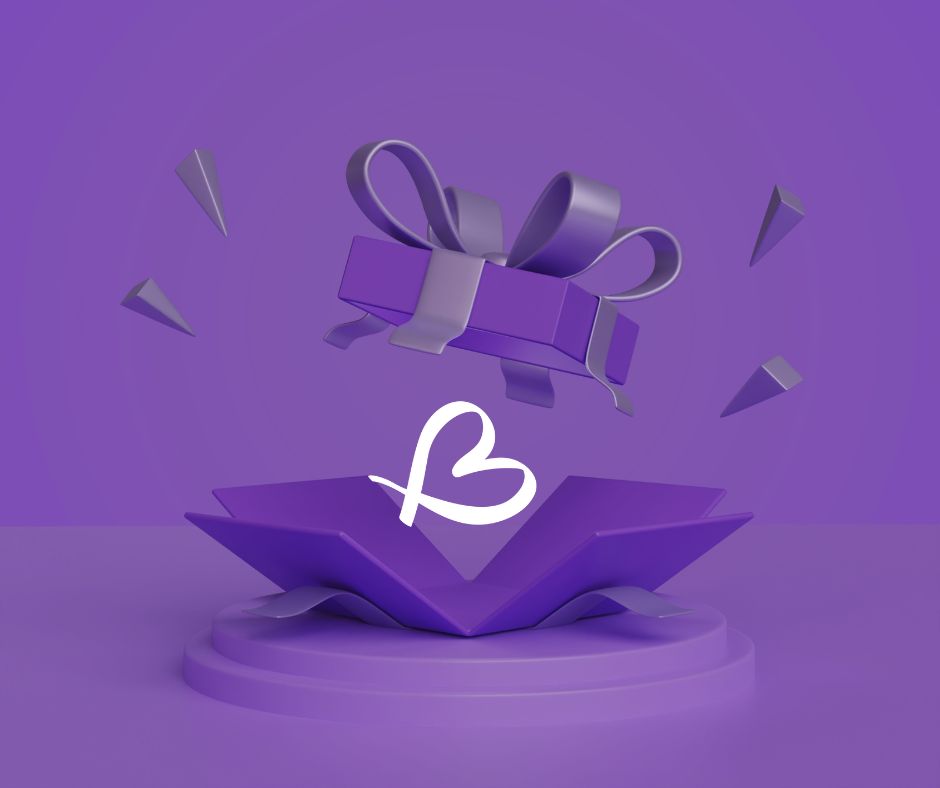 Purple open gift box with a big BALANCE B logo at the centre