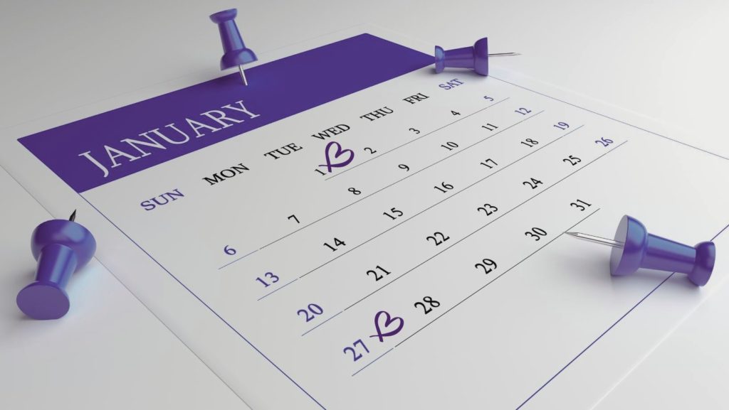 Calendar with a purple header. Text that reads, "January" BALANCE B logo on the 1st and 27th day of the month