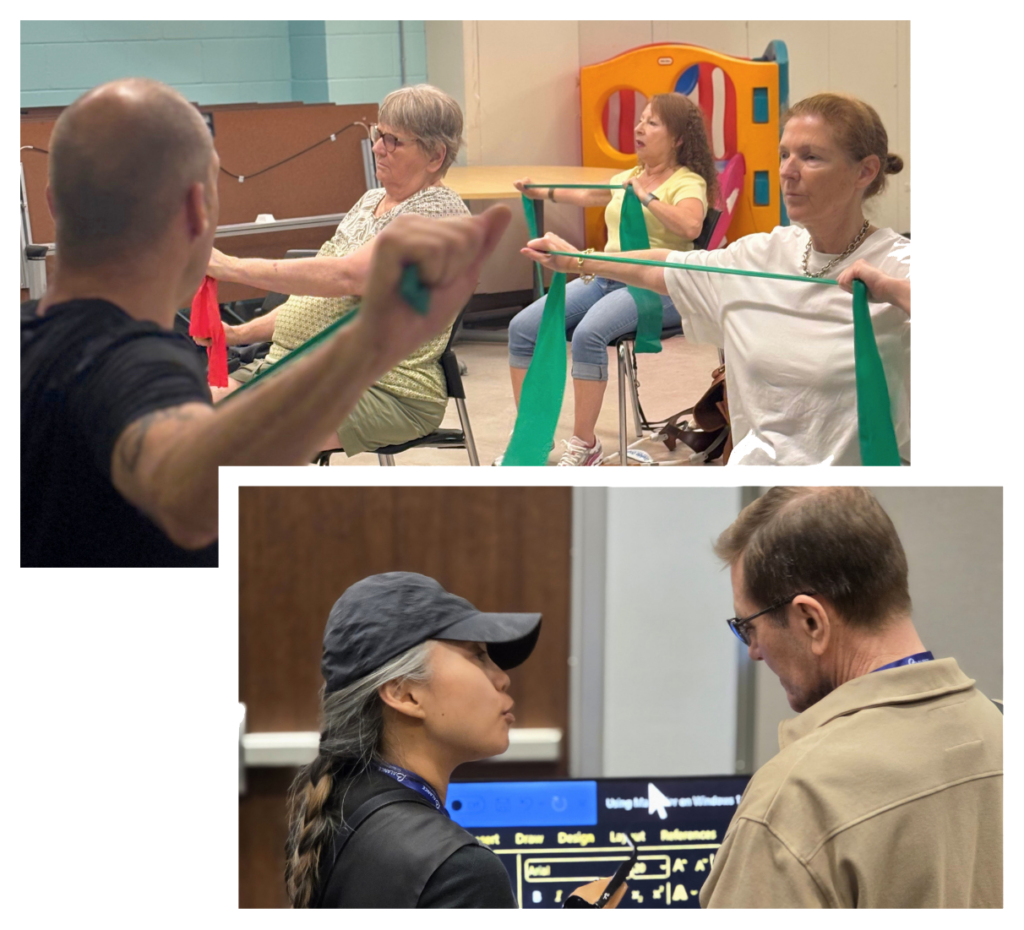 Two-photo collage: group fitness class using resistance bands; BALANCE staff member provides one-on-one technology support to a client.
